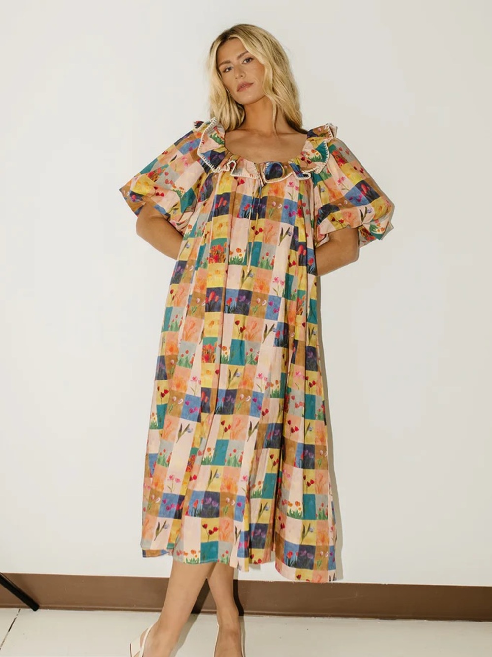 Women’s Multicolor Check Floral Ruffle Neck Dress